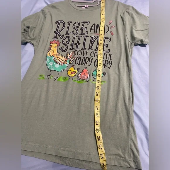 ❤️🐓Rise & Shine Graphic Casual Short Sleeve Long Light Navy Green Tee Shirt - Picture 6 of 6